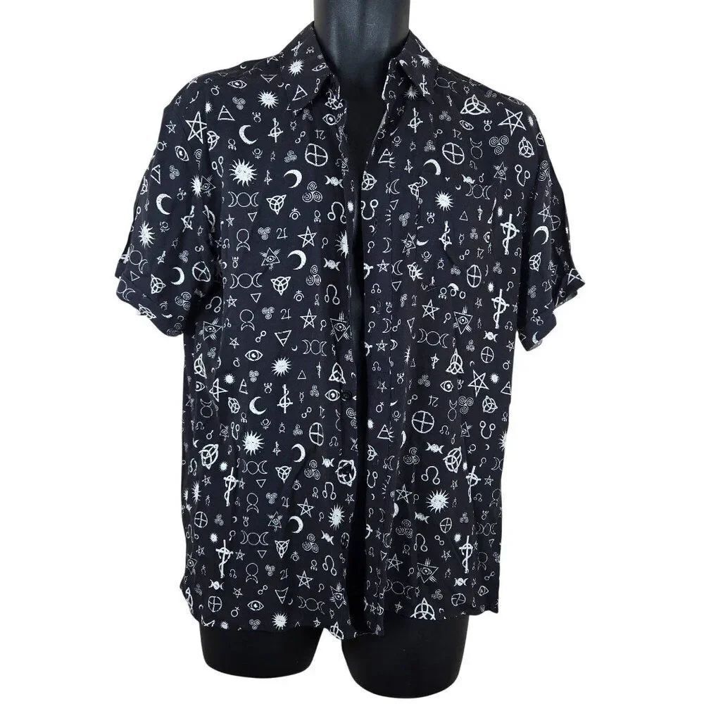 Hot Topic Black Button-Up Shirt Cosmic Occult Short Sleeves Mens S